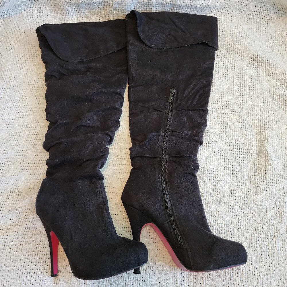 Amiclubwear Thigh High Boots, Black Faux Suede, fold-over cuff